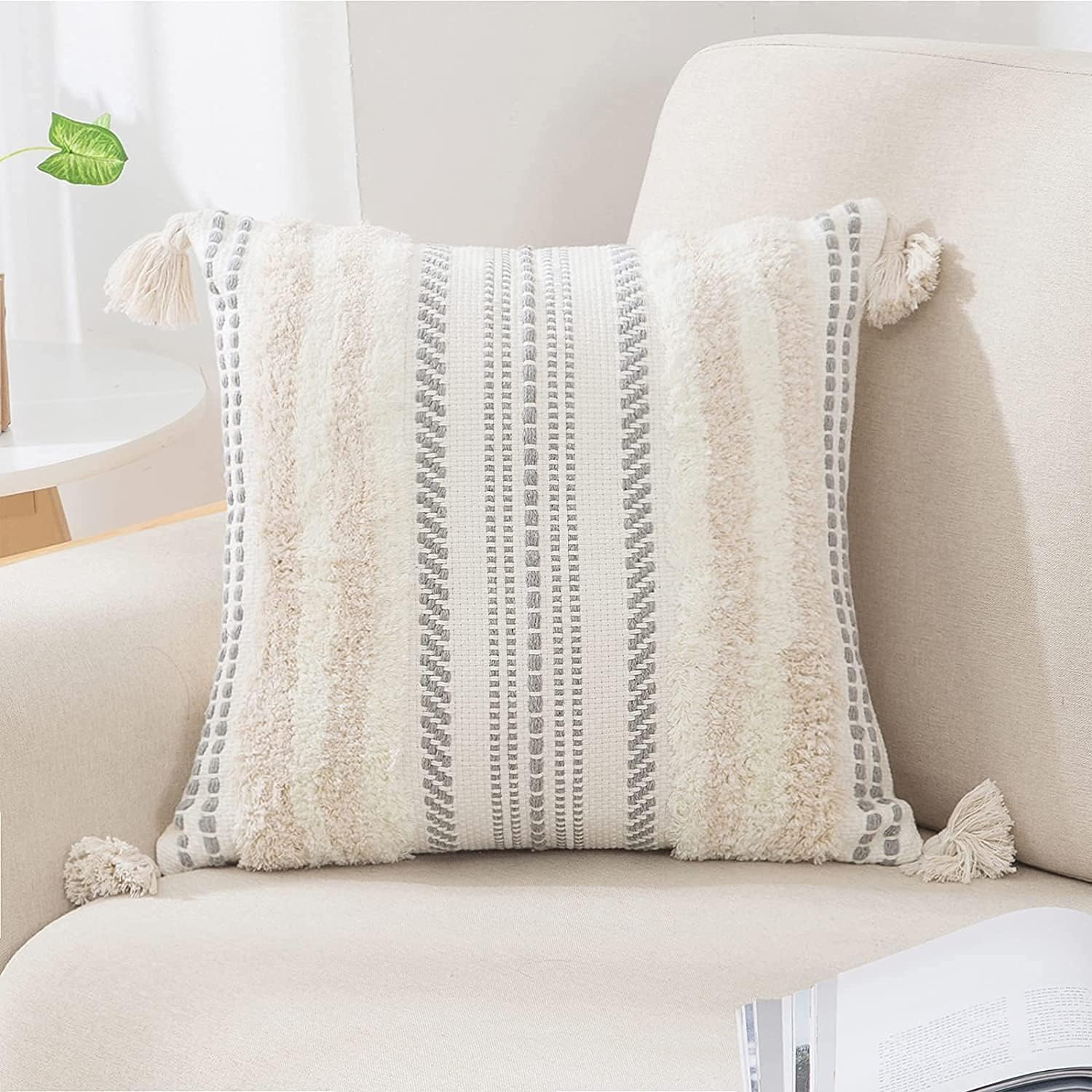 Photo 1 of decorUhome Decorative Boho Throw Pillow Cover 18x18, Accent Neutral Textured Tufted Pillow Cover Striped for Couch Bed Sofa, Beige and Cream White, Pack of 1