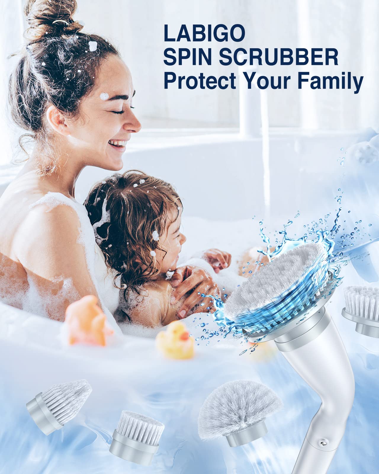LABIGO Electric Spin Scrubber, Cordless Cleaning Brush Scrubber with 4 Replaceable Brush Heads and Adjustable Extension Handle, IPX7 Waterproof Power Cleaning Brush for Bathroom Tub Floor Tile Shower