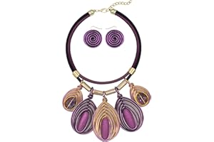 JHWZAIY Chunky African Jewelry Statement Necklace For Women Tribal Fashion Costume Earring Set Unique Rhinestone Crystal Gold Wire Wrapped Big Wood Pendent Collar Choker Bib Handmade