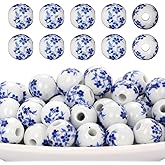 100PCS Handmade Porcelain Beads 10mm Blue Flower Ceramic Beads Round Spacer Loose Beads for Jewelry Making Earrings Necklaces Christmas Birthday Gifts