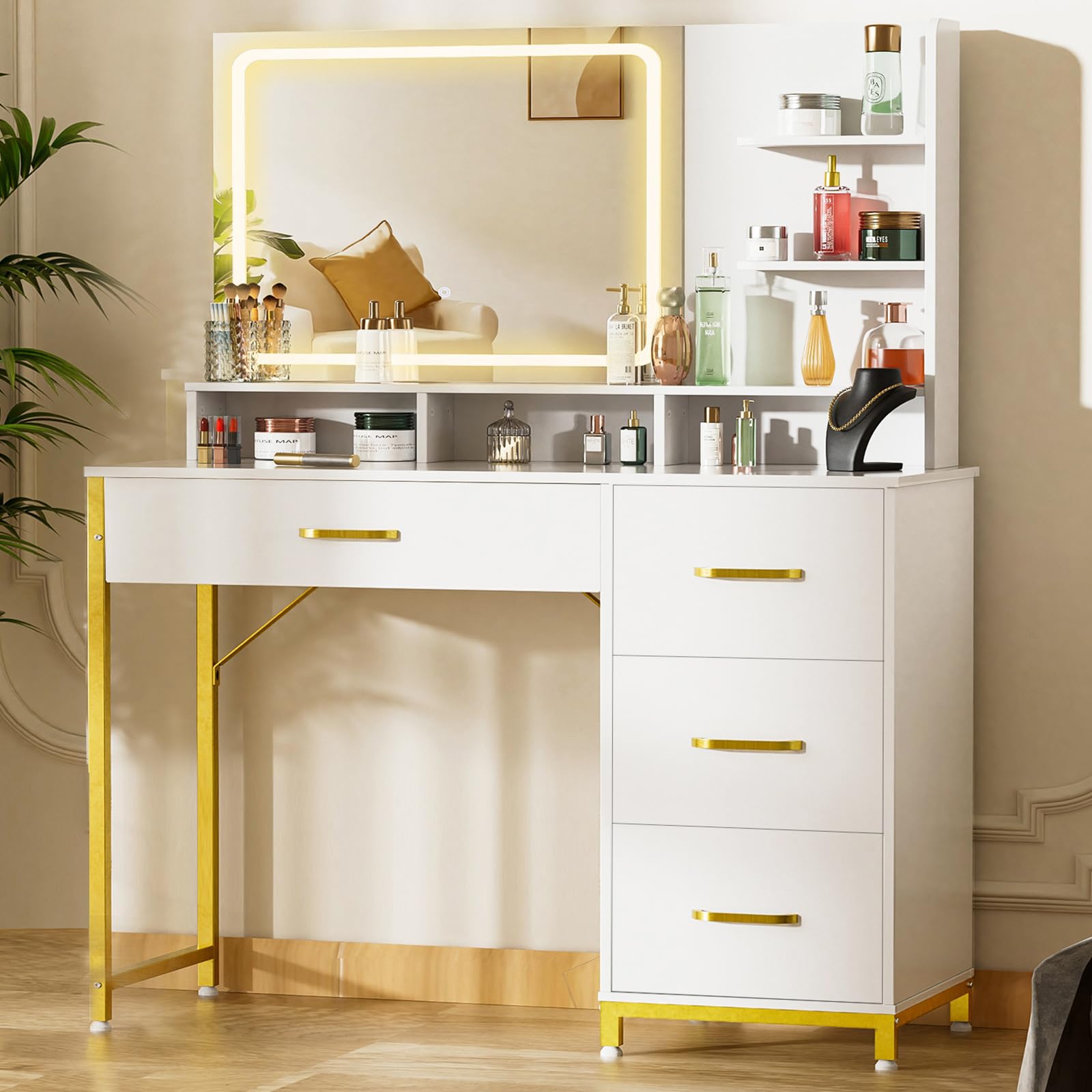 Photo 1 of **SELING FOR PARTS AS PARTIAL SET. MISSING MIRROR **COMHOMA Vanity Desk with Mirror and Lights, Makeup Vanity Table with 4 Drawers & Storage Shelves, Large HD Mirror, 3 Color Modes & Adjustable Brightness, Modern Dressing Table for Bedroom, White