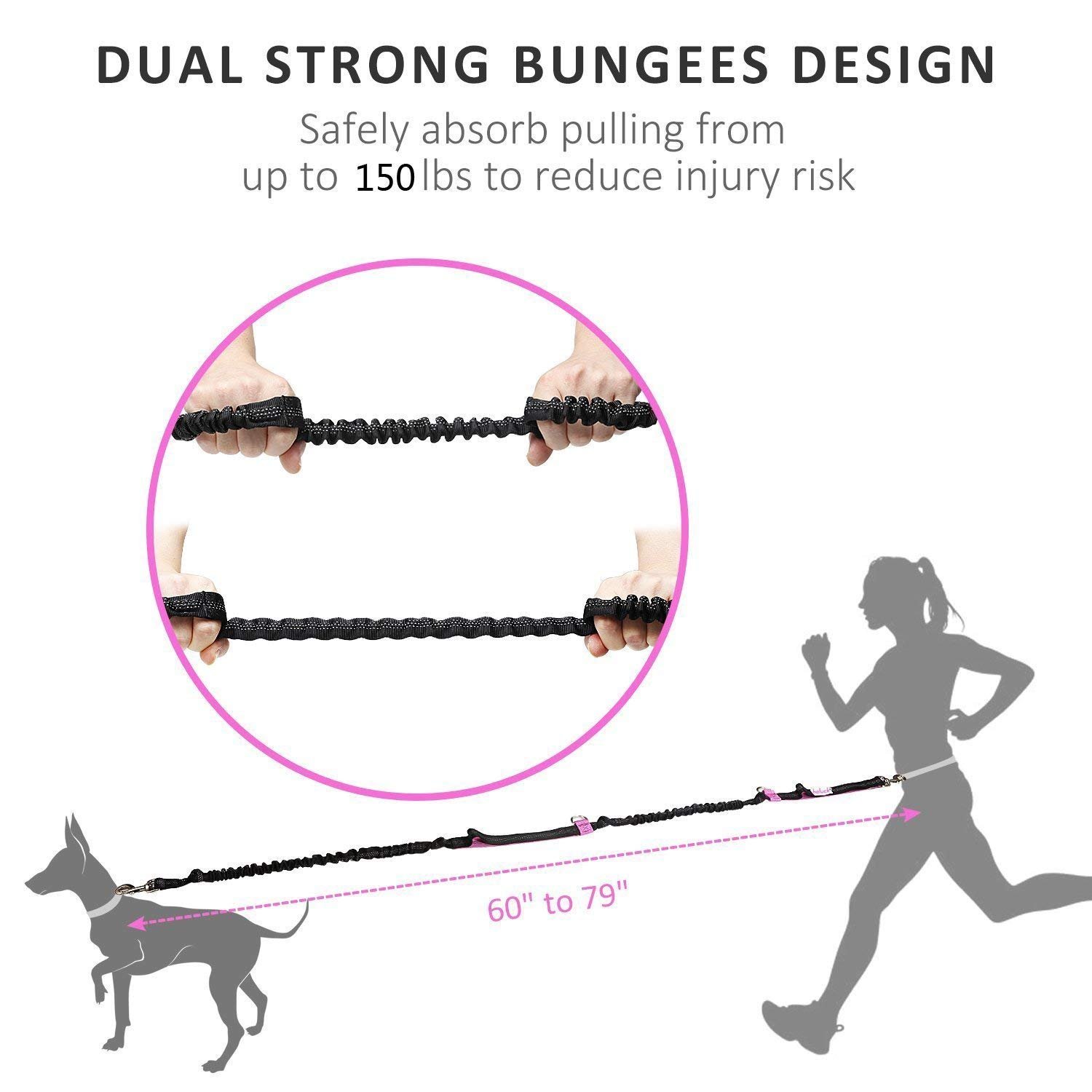 Heart Horse Hands Free Dog Leash with Dual Handle, Retractable Waist Dog Leash Extendible Bungee for up to 150 lbs Large Dogs for Running, Jogging or Walking