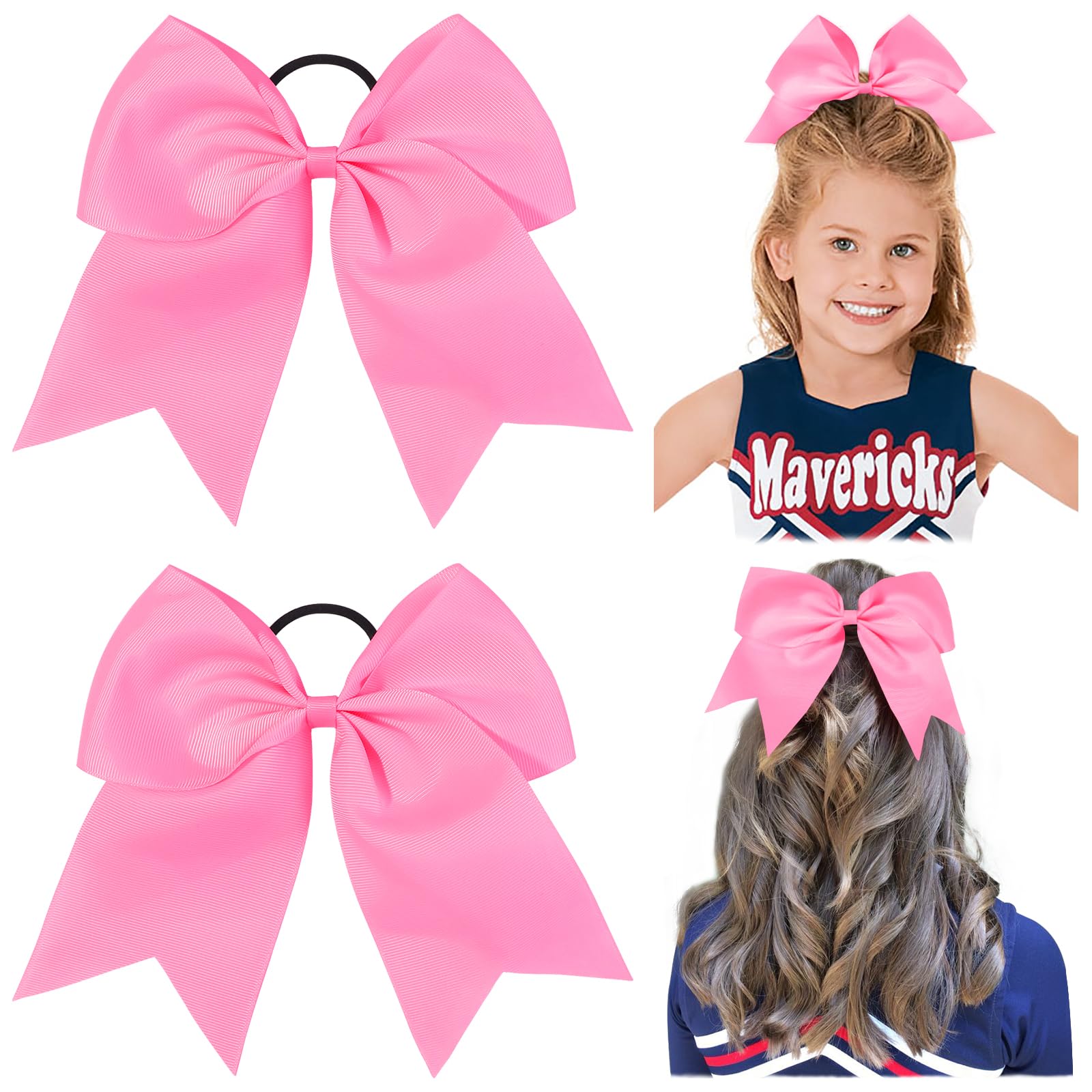Photo 1 of 2 PCS 8 Inch Cheer Hair Bows Large Cheerleading Big Hair Bows with Ponytail Holder for Teen Girls-Pink