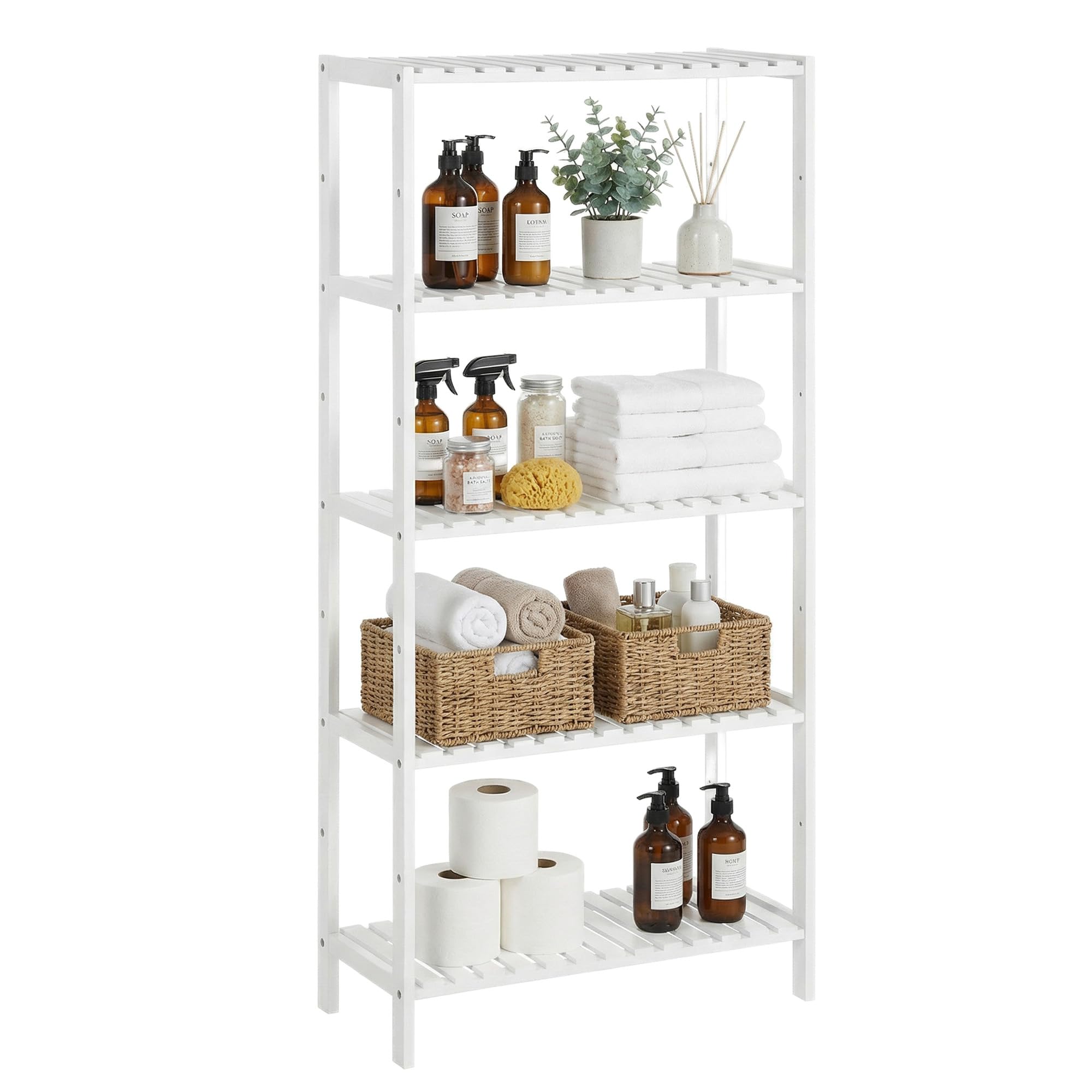SONGMICS Bamboo Storage Shelf, 5-Tier Shelving Unit, Multifunctional, in the Hallway, Bathroom, Living Room, Balcony, Kitchen, 26 x 60 x 130 cm, White BCB35WT