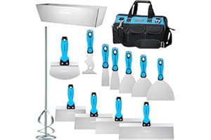 KEZERS Drywall Hand Tool Kit, 14 Pieces Stainless Steel 1.5" 2" 4" 5" 6" Putty Knife, 8" 10" 12" 14" Taping Knife, 14" Mud Pan, 6" Bucket Scoop, 11-in-1 Paint Scraper, 16" Mud Mixer & Tool Bag