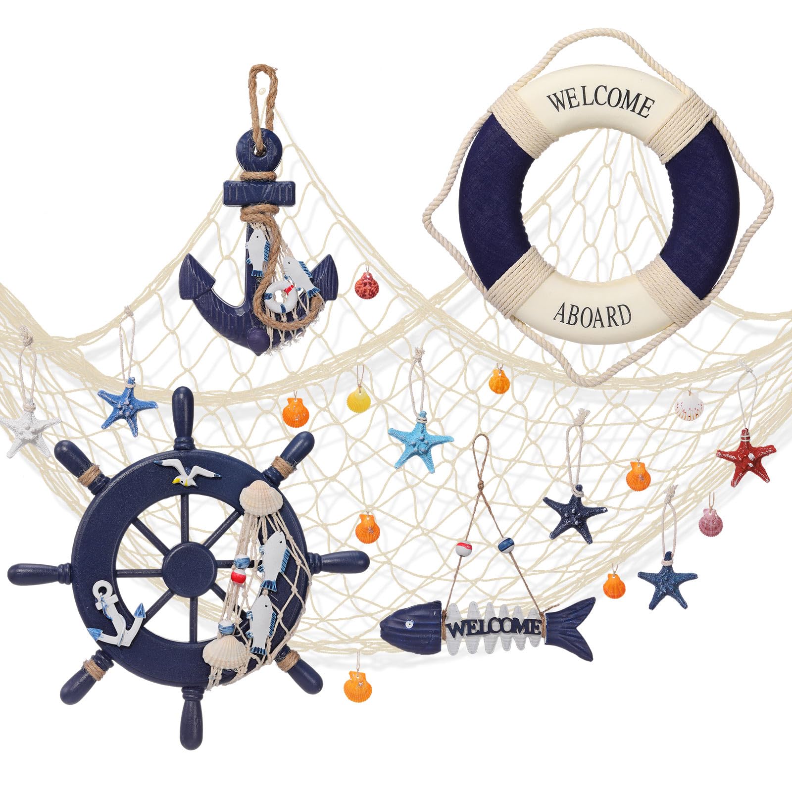 Photo 1 of Marsui 11 Pcs Wooden Nautical Wall Decor Fishing Net Decoration, Include Decorative Fishing Net, Ship wheel, Fish Skeleton, Life Ring, Anchor, Starfish Beach Decor for Mediterranean Party (Khaki)