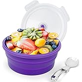 Lunbengo 1200ml Large Camping Bowl with Foldable Spoon, Collapsible Bowl With Lid, Silicone Bento Box, For Travel Camping Meal Prep & Food Storage, Microwave Dishwasher Safe, Purple