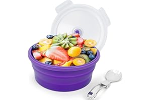 Lunbengo 1200ml Large Camping Bowl with Foldable Spoon, Collapsible Bowl With Lid, Silicone Bento Box, For Travel Camping Mea