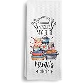 Qeheb Mimi Gifts Kitchen Towels, Grandma Gifts for Mother's Day Birthday from Grandkids Grandson Granddaughter Dish Tea Towels, Memories Begin in Mimi's Kitchen Decorative Hand Towels, 16X24In