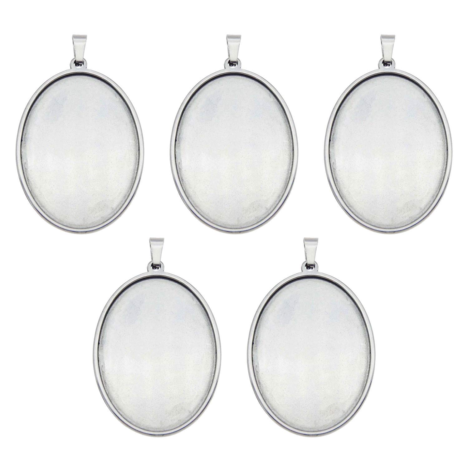 Julie Wang Pack of (x5) Silver Stainless Steel Base Settings Oval Shaped Inner 40x30mm Blank Bezel Frames Fit Cameo Cabochons Images Pictures Pendant Trays Jewellery Making Accessories