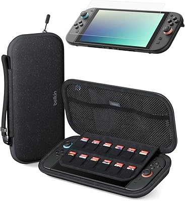 Belkin Gaming Travel Bag Carrying Case (Charcoal) w/Hard Shell + Anti-Reflective TemperedGlass Screen Protector Bundle for Nintendo Switch 2 - Travel Essentials w/AirTag Holder, Game Storage, & More