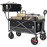 EVER ADVANCED Collapsible Push &amp; Pull Shopping Cart with Wheels &amp; Brakes, Foldable Wagon for Groceries with Practical Basket, Side Pockets &amp; Cup Holders, Beach Utility Rolling Cart for Camping, Black