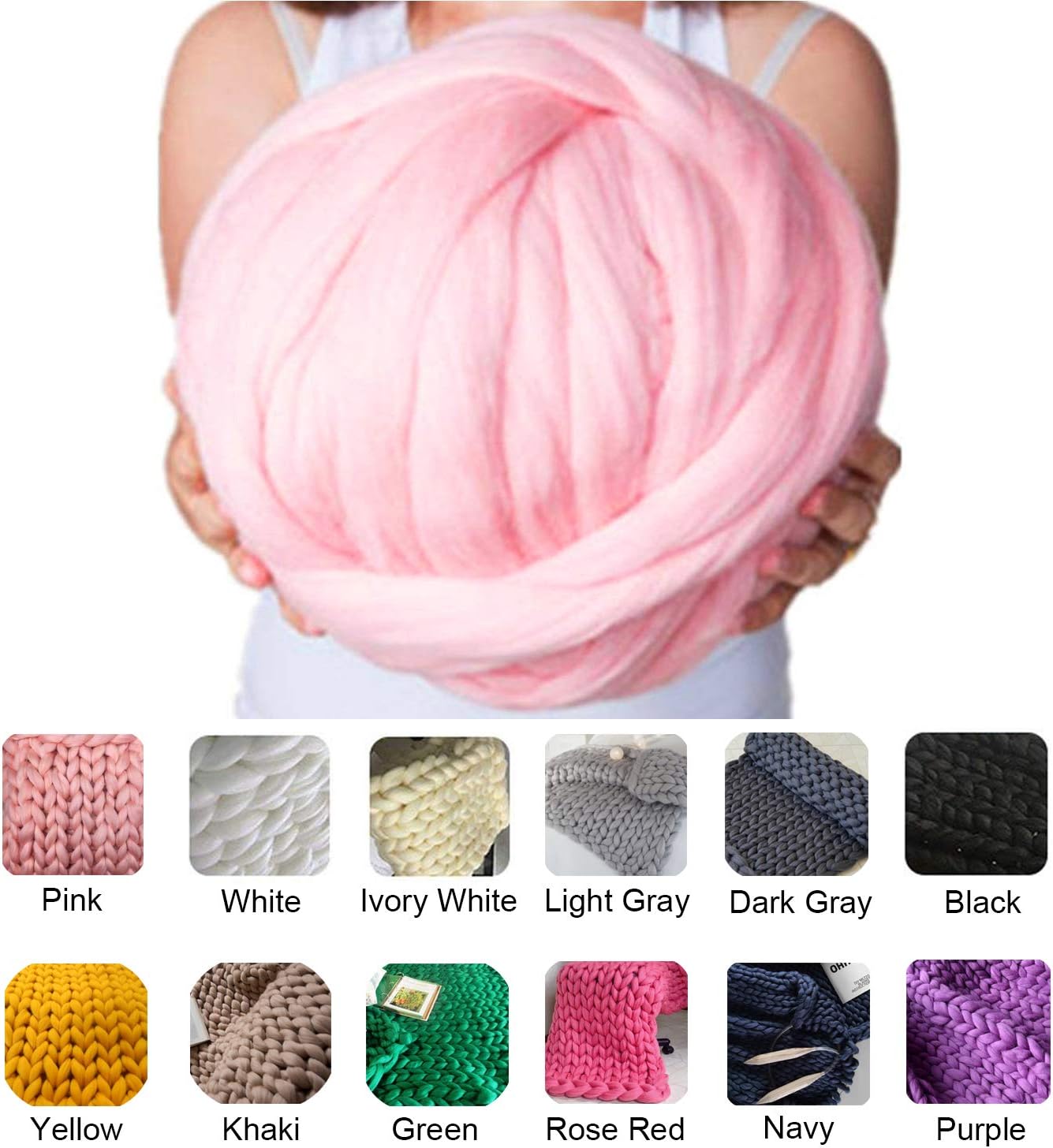 clootess Chunky Merino Wool Yarn Bulky Big Roving for DIY Hand Made Knit Blanket Throw - Pink 3 lbs