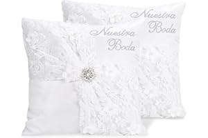 ESNOY Wedding Kneeling Pillows Cover Set of 2,16 x 16 Inch Embroidered Nuestra Boda Prayer Pillow for Kneeling,Satin and Lace White/Silver,Cojines para Boda,Decoracion para Bodas (filler not included)