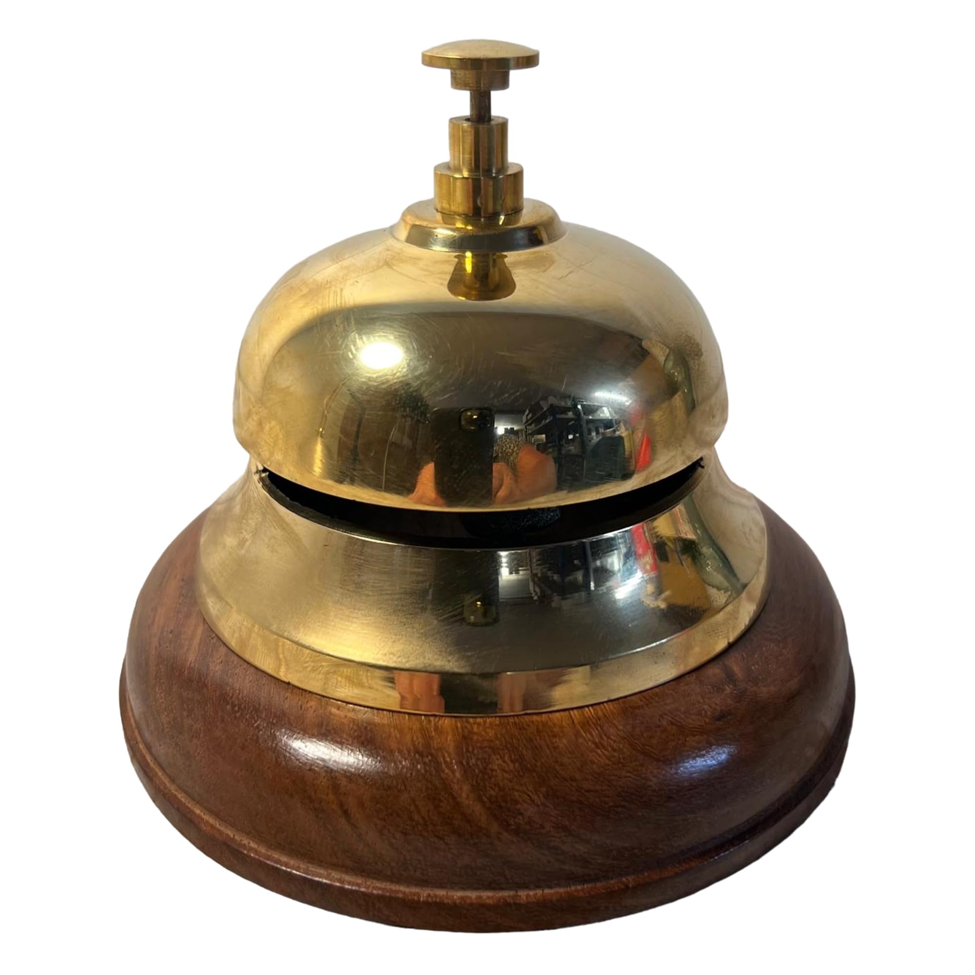 Elegant Brass Reception Desk Bell with Wooden Base – Ideal for Hotels, Schools, and Restaurants (12cm W x 10cm H)
