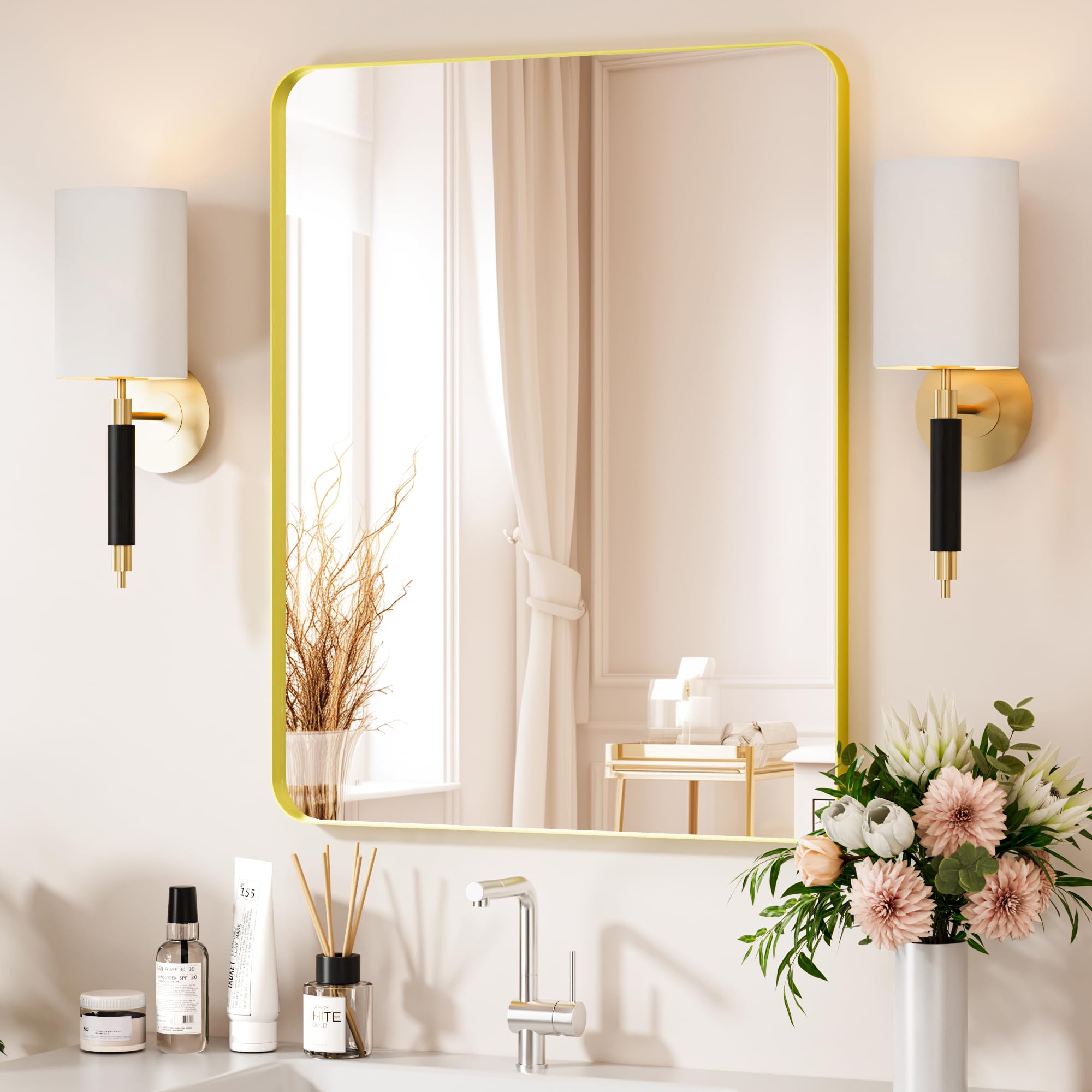 Photo 1 of Gold Bathroom Mirror 24X30 Inch Bathroom Vanity Mirror for Wall, Metal Frame Large Mirror, Tempered Glass, Modern Wall Mirror for Bathroom, Farmhouse, Horizontally or Vertically Hanging