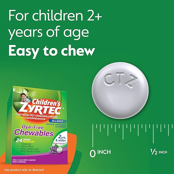 ZYRTEC CHILDREN’S DYE-FREE CHEWABLES FOR 24 HOUR ALLERGY RELIEF, 2.5 MG CETIRIZINE HCL ANTIHISTAMINE TABLETS, KIDS ALLERGY MEDICINE RELIEVES SNEEZING & ITCHY NOSE & THROAT, GRAPE, 24 CT