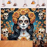Dia De Los Muertos Backdrop Day of The Dead Marigold Flower Sugar Skull Mexican Fiesta Photography Background Halloween Home Altar Decorations Party Banner Supplies (8x6FT)