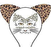 2PCS Cheetah Costume Accessories for Women Leopard Ears Headband Cheetah Cat Face Stickers Tattoos Set for Halloween Leopard Party Cosplay Dress Up