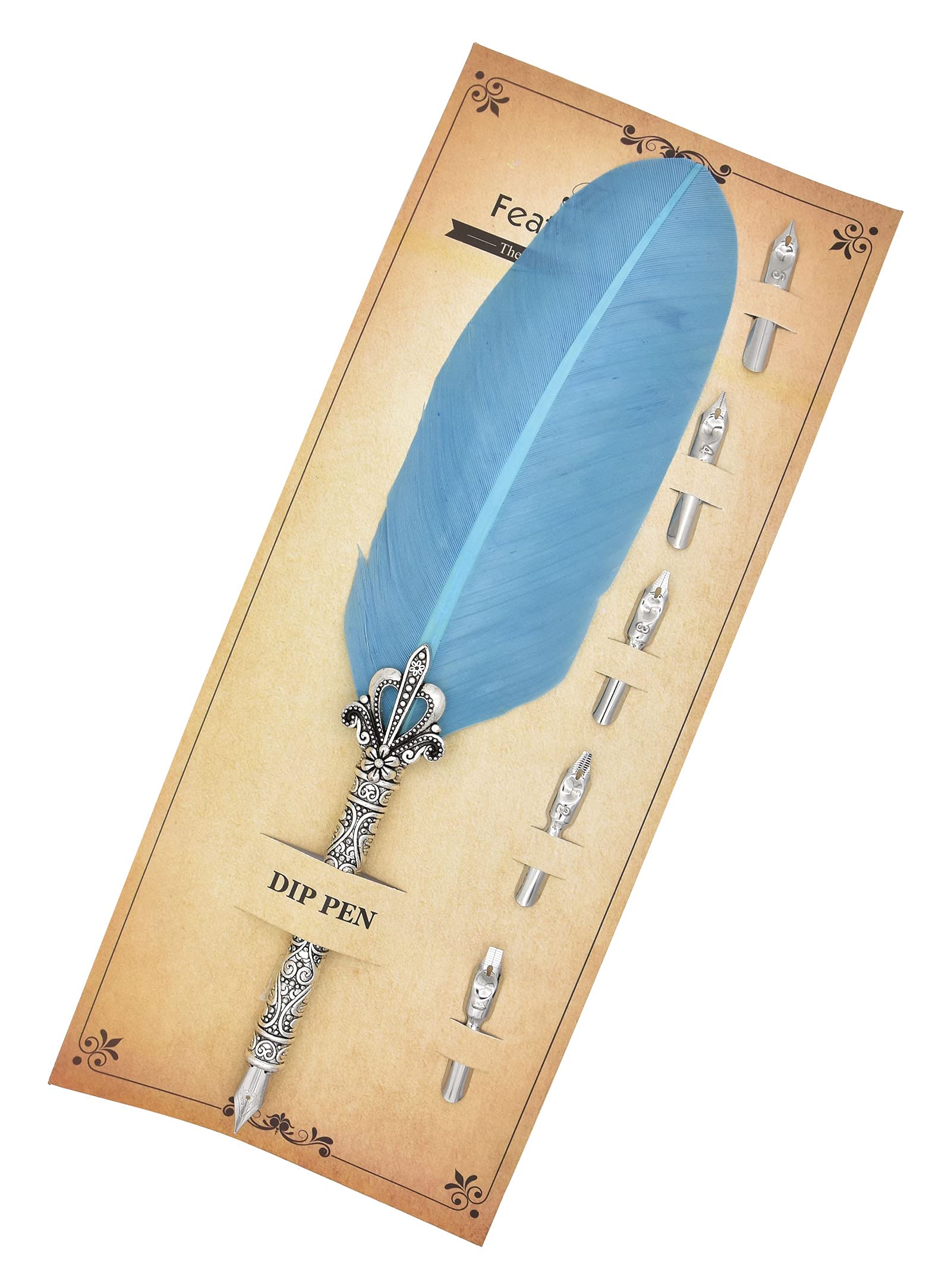 Gullor Calligraphy Feather Quill Pen and 5 Calligraphy Nibs for Beginners Kids Calligraphy Writing Quill Dip Pen Set, LakeBlue