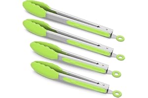 4 Pack Green Kitchen Tongs, Premium Silicone BPA Free Non-Stick Stainless Steel BBQ Cooking Grilling Locking Food Tongs, 9-In