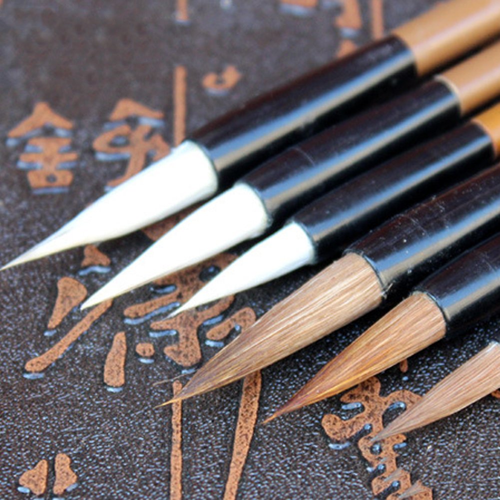 Chinese Calligraphy Gift Box Brush Set, 6 Pcs Wolf Hair Calligraphy Painting Brushes Size Large Medium Small Brown for Professional Calligrapy & Painting
