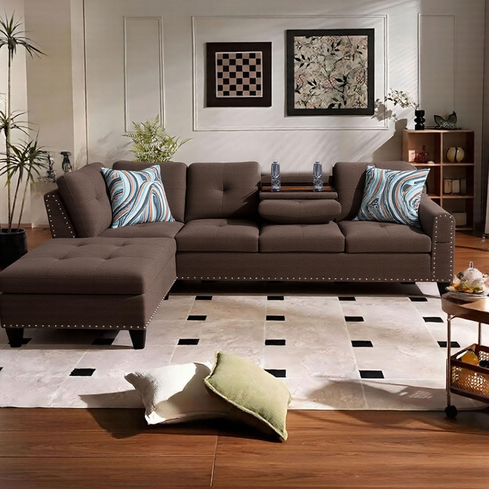 Photo 1 of **MISSING PARTS**
Trygoal Modular Sectional Sofa with Cup Holders, L Shaped Sectional Couch with Chaise and Adjustable Backrest, Modern Linen Fabric Couch for Living Room, Apartment, Small Space, Brown