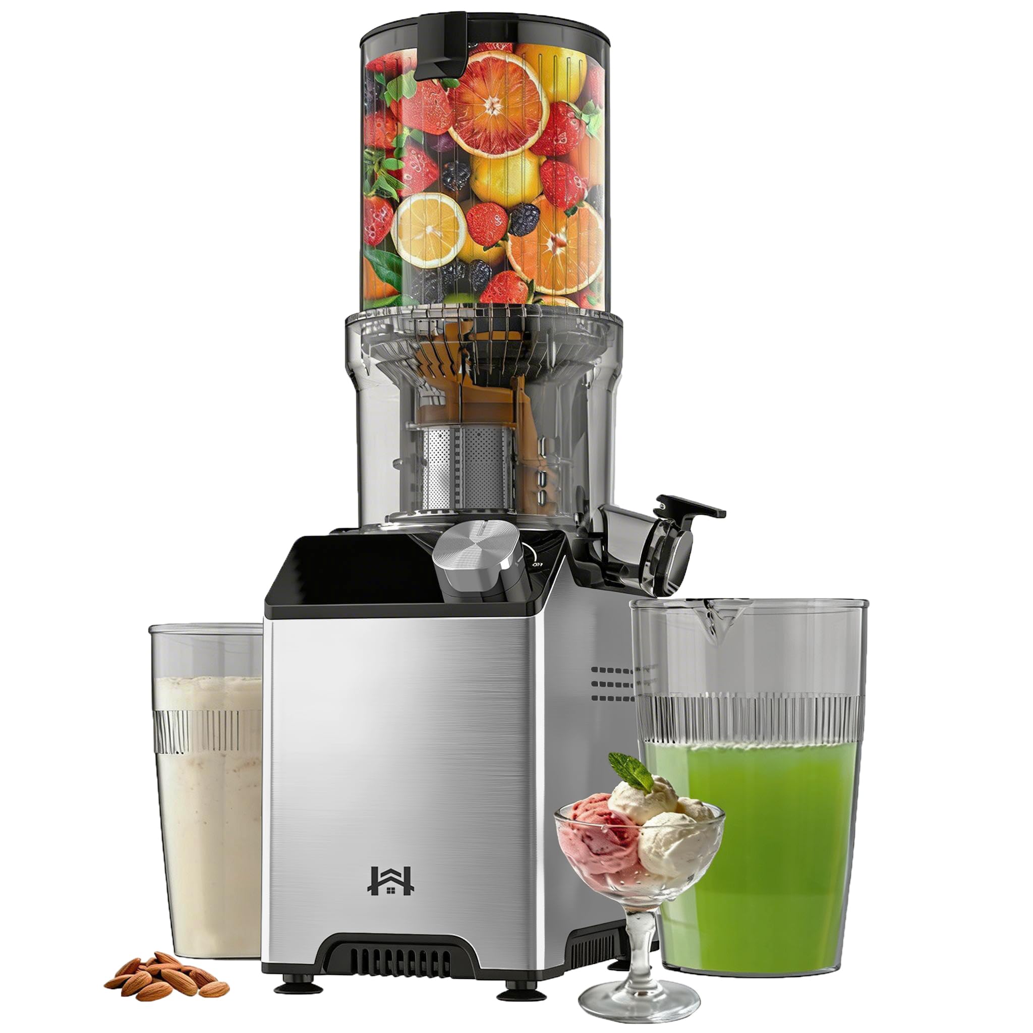 WHUTO Cold Press Juicer, Wide Feed Chute Juicer Machines, Stainless Steel Slow Masticating Juicers Easy to Clean, Vegetables & Fruits Juice Extractor, High Juice Yield, Silver Knob Image