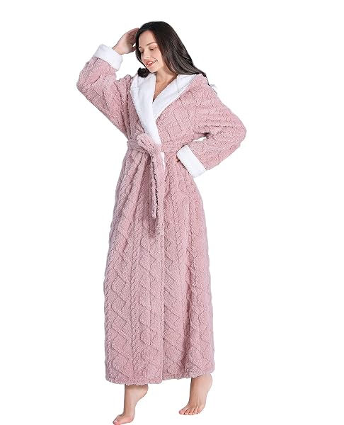 SKILYDIA LONG ROBES FOR WOMEN WITH HOOD,WOMENS PLUSH SOFT WARM ROBES/BATHROBES FOR WINTER (PINK, LARGE)…