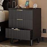 Lulive Wood 3 Drawers Dresser Fluted Night Stand with Charging Station, Natural Nightstand 3 Storage Drawers Dresser Modern S