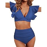 Soucrat Women's Ruffle High Waisted Swimsuit Two Piece Tropical Print Swimsuit Push Up Bathing Suit