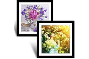 Betionol Diamond Painting Frames Set of 2, Display 12x12in/30x30cm Diamond Painting Pictures or Photos, Black Natural Solid Wood Picture Frame with Acrylic Protection Glass, Back Mat And Hanging Kit