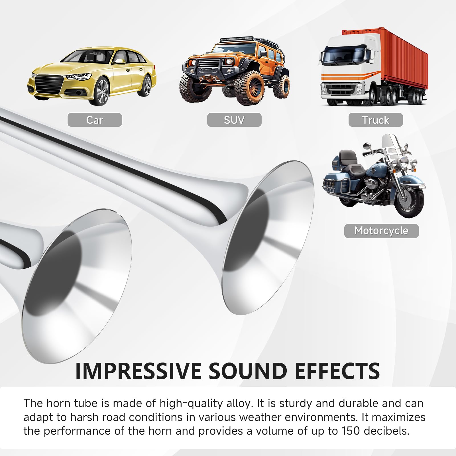 150DB Air Train Horn kit for Car, Banhao Super Loud Twin Tone Chrome Plated Zinc Dual Trumpet with Compressor for Any 12V Trucks Lorrys Trains Vans Boats (Chrome)