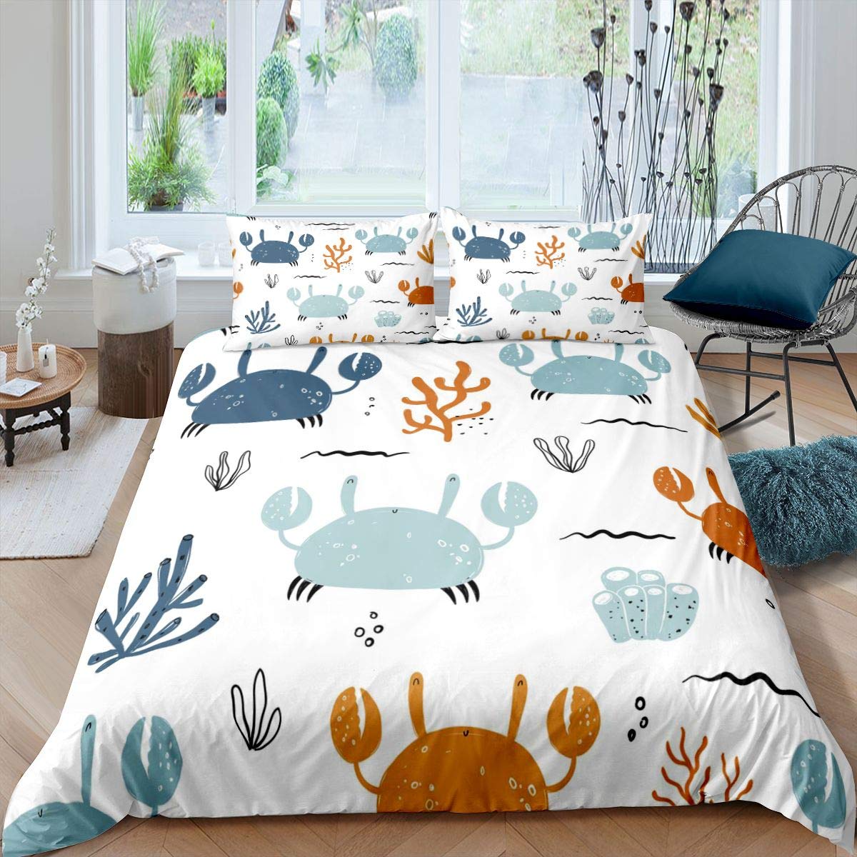 Kids Crab Duvet Cover Cute Cartoon Ocean Crabs Bedding Set Marine Creature Themed Comforter Cover for Boys Girls Kids Room Decor Sea Underwater World Bedspread Single Size With 1 Pillow Case