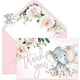 Whaline 24 Pack Baby Shower Thank You Cards Elephant Flower Greeting Cards with Envelopes Stickers Pink Floral Animal Blank Note Cards for Birthday Party Invitation Supplies, 4 x 6 Inch