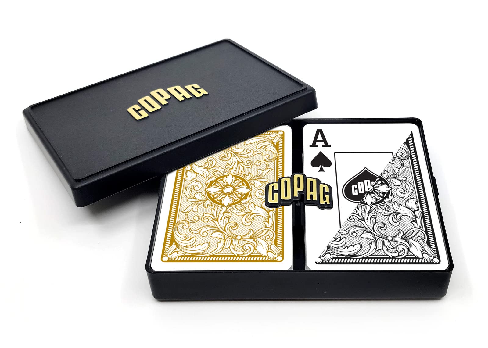 Copag Legacy Design 100% Plastic Playing Cards, Bridge Size Jumbo Index Black/Gold Double Deck Set