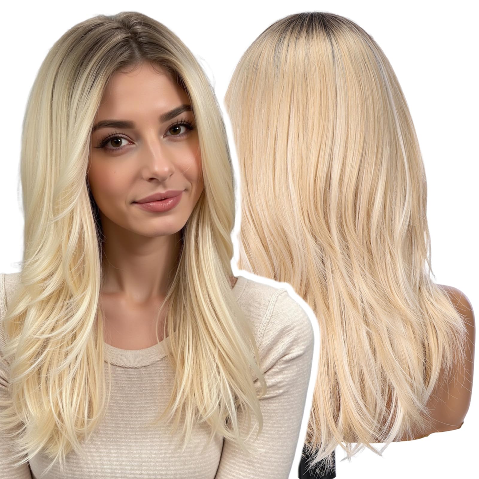 WOKESTAR Natural Long Wigs for Women with Fringe Synthetic Heat Resistant Hair Blonde Wig for Daily Party Cosplay Use