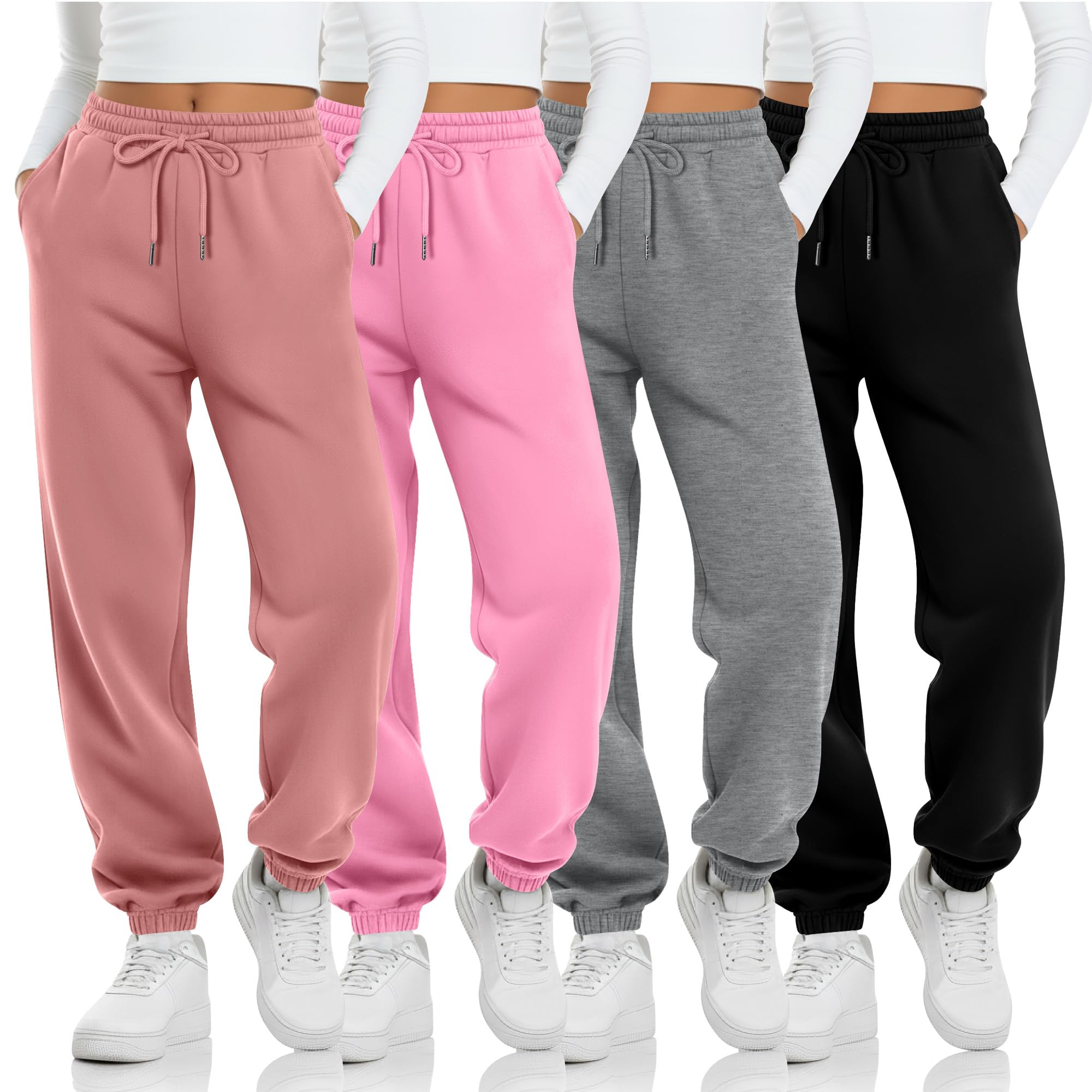 Photo 1 of LessonZoo 4 Pack Girls' Jogger Sweatpants Girls Drawstring Sweat Pants Teens Activewear Kids Joggers with Pockets (Ages 5-16)(Coral Pink, Pink, Light Gray, Black,Small)