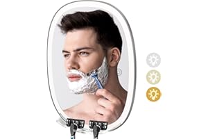 COSMIRROR Lighted Shower Mirror Fogless for Shaving with Light, 3-Color Dimmable Lights, 360° Rotation, Two Razor Holders No-Drilling Wall-Mounted Anti-Fog Bathroom Shower Mirror Grey