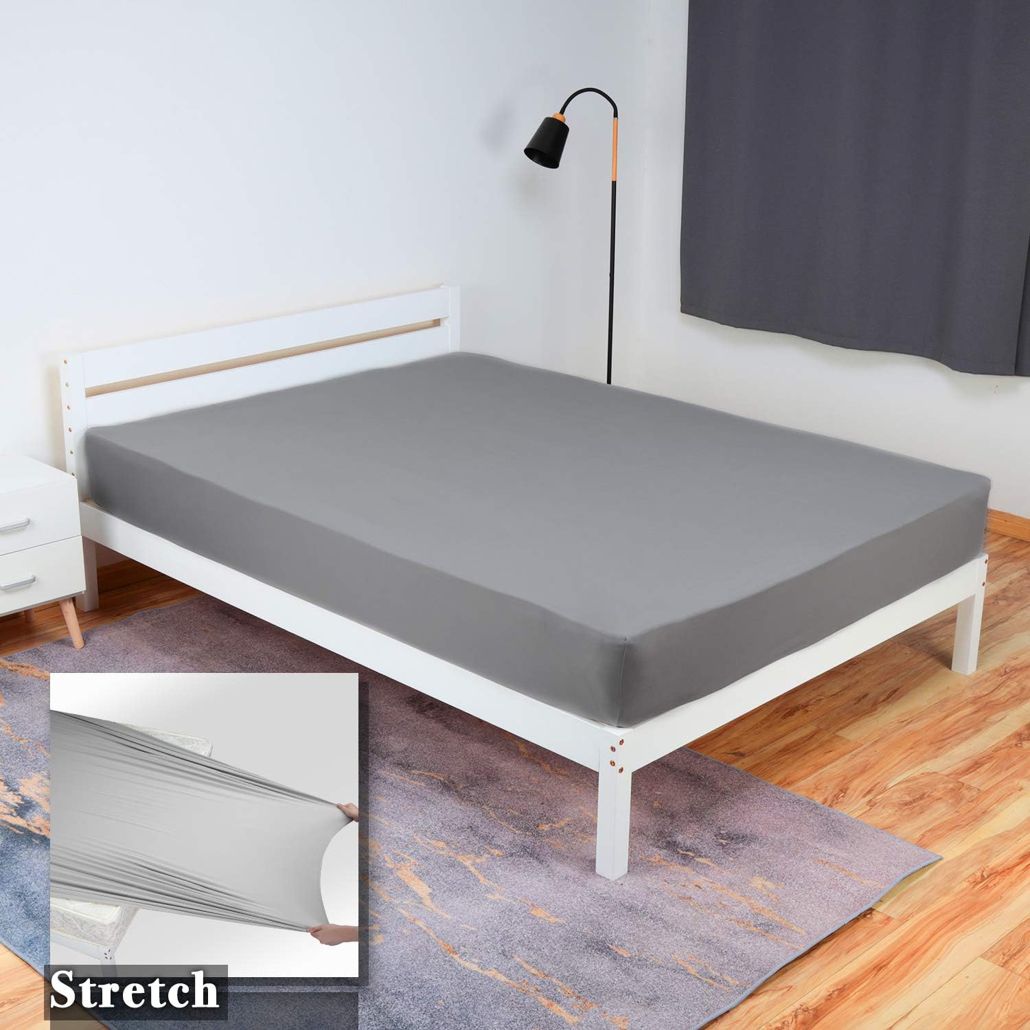 Queen Fitted Sheet Only - Stretch Jersey Knit & Non-Slip, Snug Fit for Queen, Queen XL or RV/Camper Short Queen Sized Mattress or Box Spring (Deep: 5" to 16") - Light Gray: Home & Kitchen