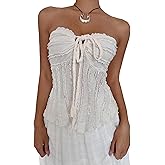 SOLY HUX Women's Tie Front Frill Trim Tube Top Strapless Asymmetrical Going Out Tops