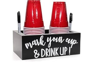 Kitticcino Double Cup Holder Party Cup Dispenser Wooden Cup Organizer Mark Your Cup and Drink Up Caddy Farmhouse Bar Counter Decor Holiday Halloween Christmas Party Supplies (Black)