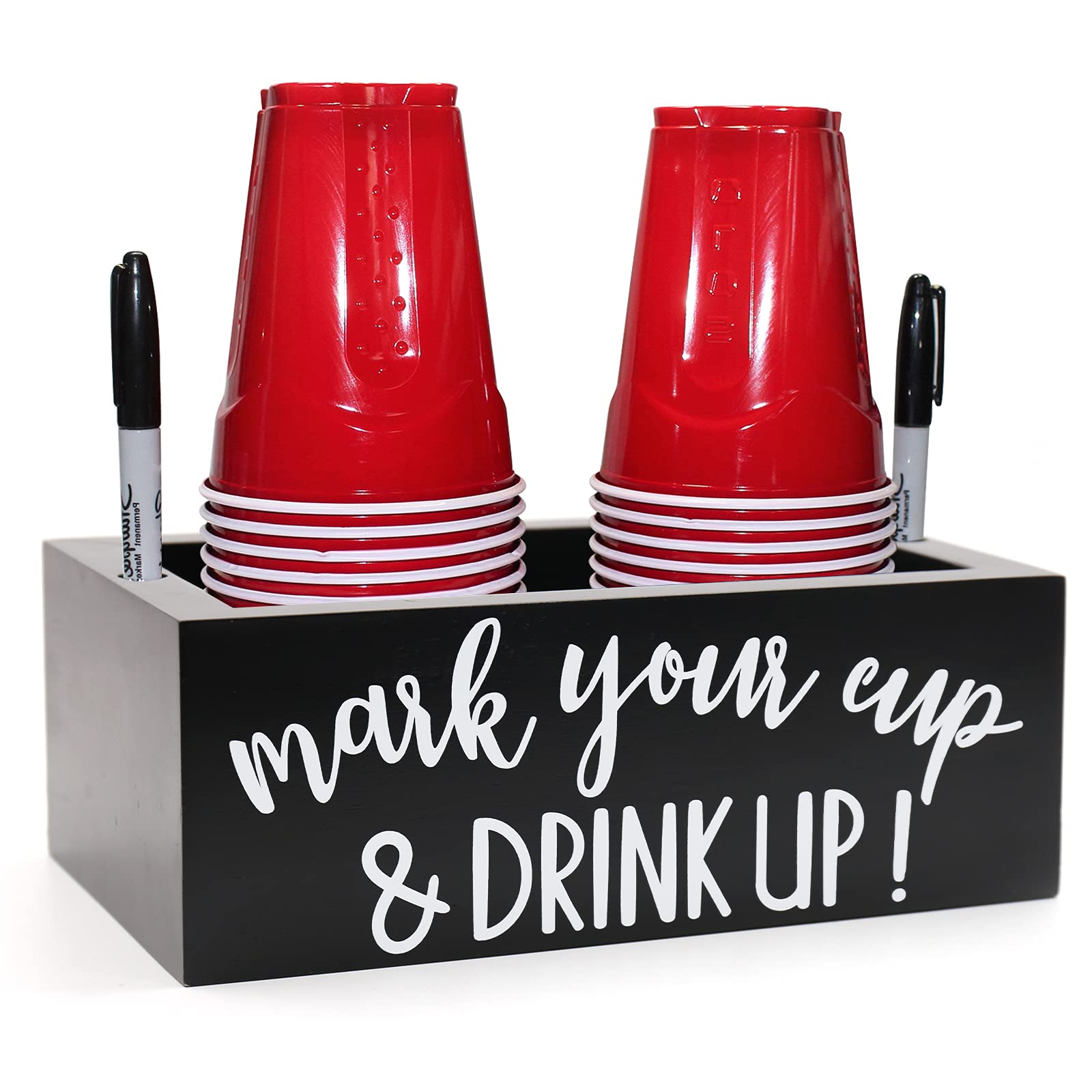 Photo 1 of Kitticcino Double Cup Holder Party Cup Dispenser Wooden Cup Organizer Mark Your Cup and Drink Up Caddy Farmhouse Bar Counter Decor Holiday Halloween Christmas Party Supplies (Black)