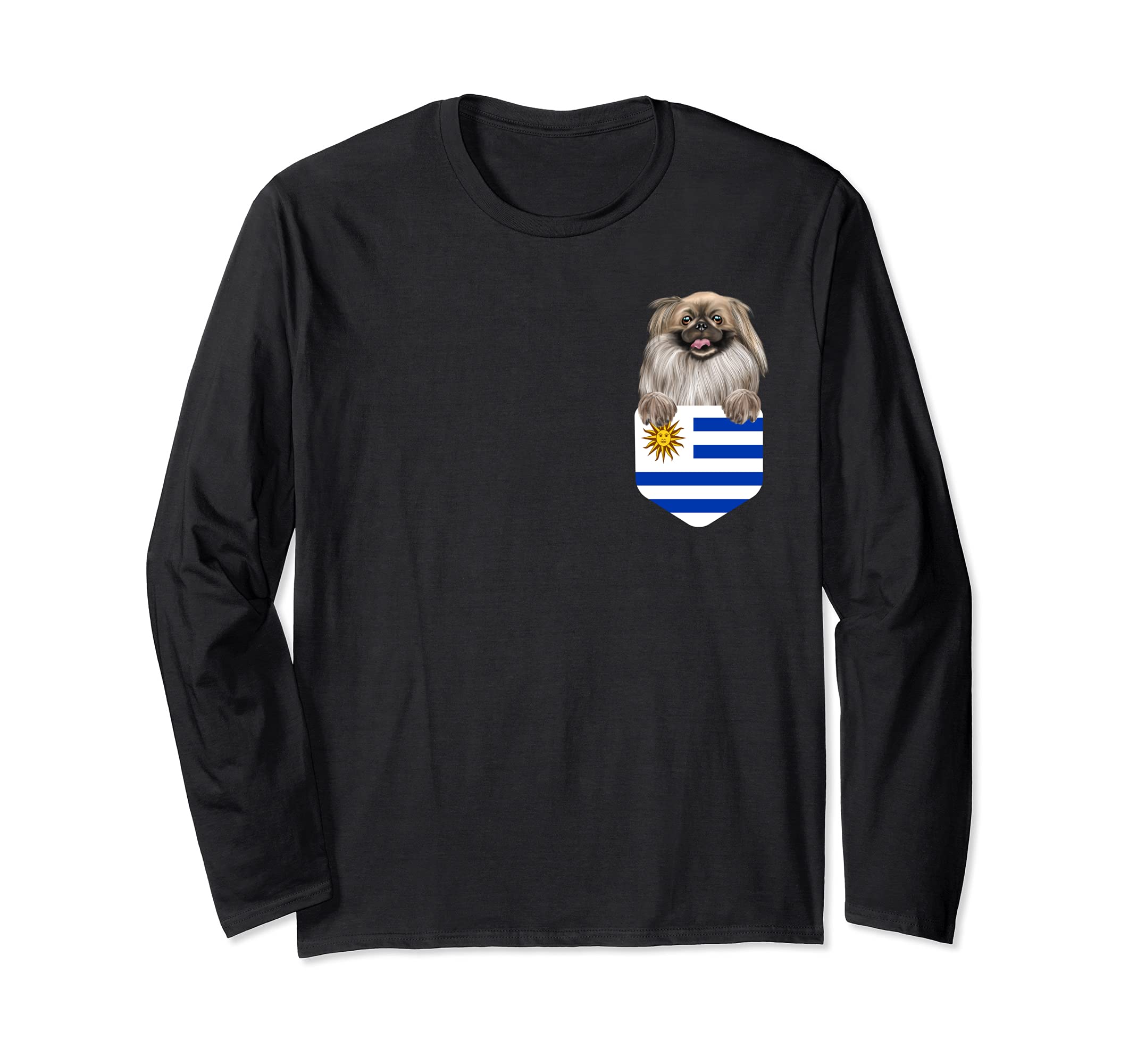 Uruguay Flag Pekingese Dog In Pocket Long Sleeve T-Shirt