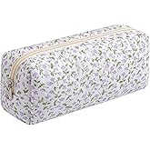 WHHJM Cute Floral Makeup Brush Bag Small Cotton Quilted Cosmetic Bag for Women Travel Toiletry Zipper Make Up Pouch (Purple Floral)