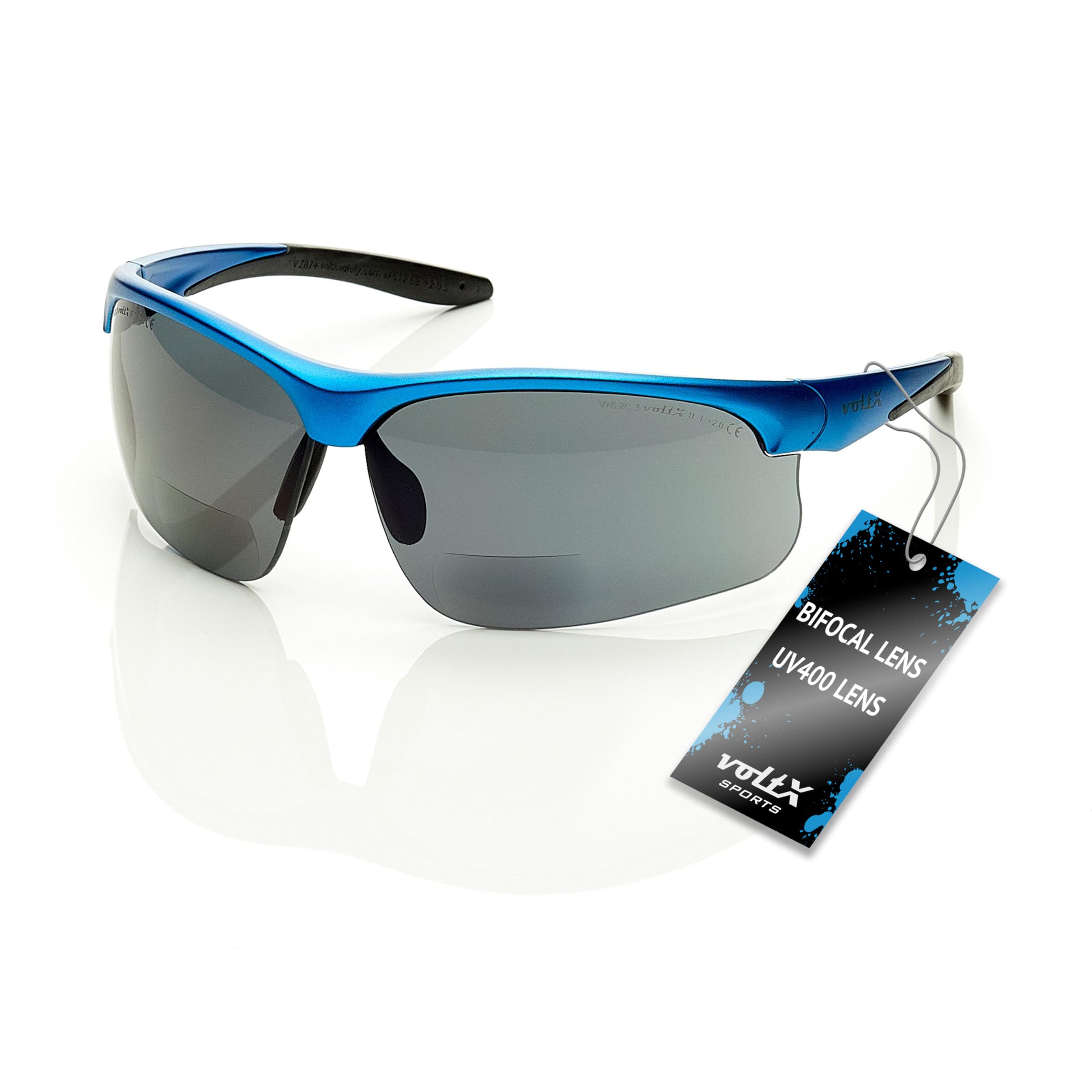 voltX 'ULTIMATE SPORTS' Bifocal Safety Glasses (Blue Frame, Smoke Lens +3.0 Dioptre) - Anti Fog Coated UV400 lens - Adjustable nosepiece - Microfibre Carry Bag