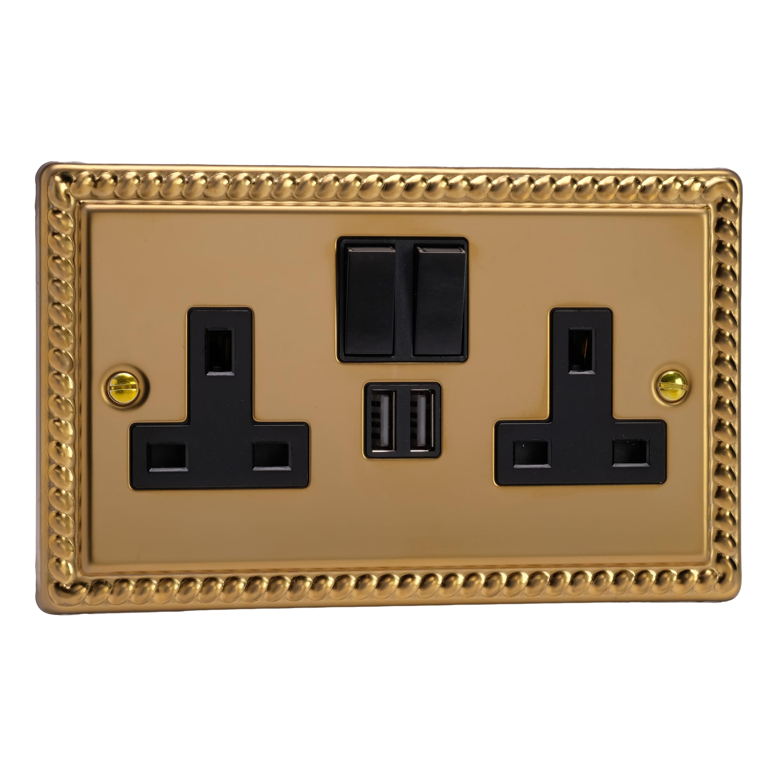 Varilight Double Switched Plug Socket With USB Charging - Classic Georgian Brass With Black Insert, XG5U2SB