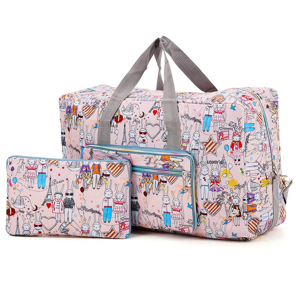 Arxus Large Foldable Duffel Tote Carry on Weekend Overnight Travel Bag Over Luggage with Shoulder Strap (Pink Rabbit)