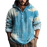 MARSVOVO Hawaiian Mens Hoodie 3 Button Long Sleeve Hooded Shirts Loose Casual Stylish Beach Henley Shirt for Spring Fall