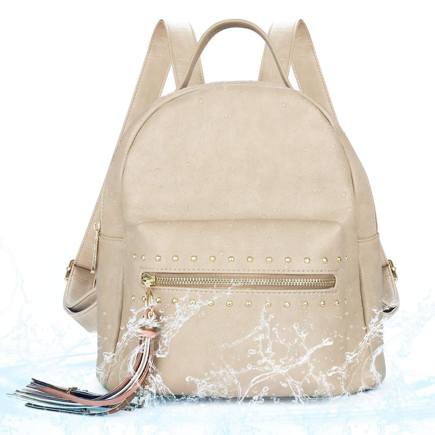 Backpack Purse for Women, Manificent Small PU Leather Backpack for Women Fashion Waterproof Cute Purse Backpack with Tassel, Dark Beige